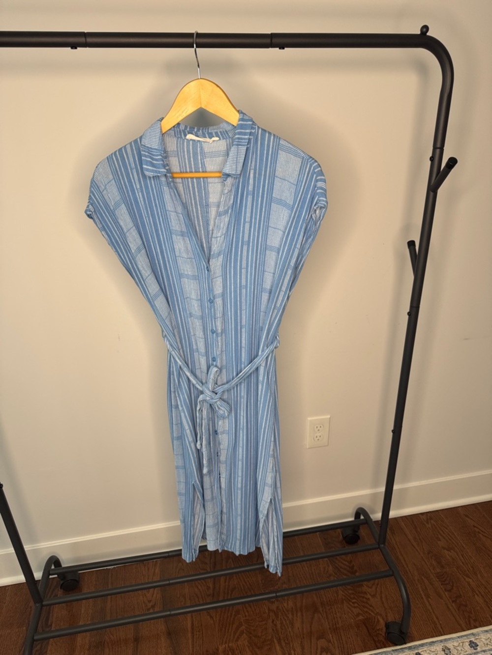 Lush Light Blue Striped Midi Dress with Waist Tie
